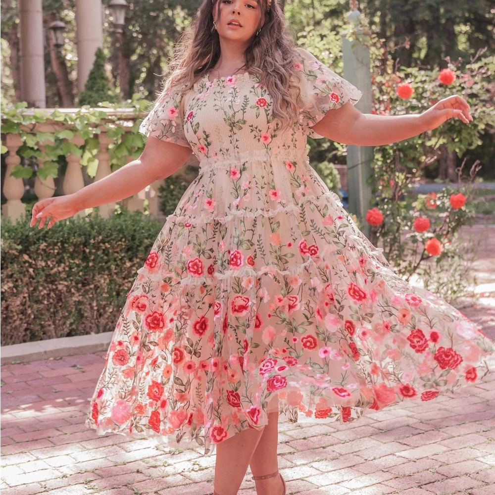 Floral Tiered Midi Dress in Cream with Red and Pink Roses